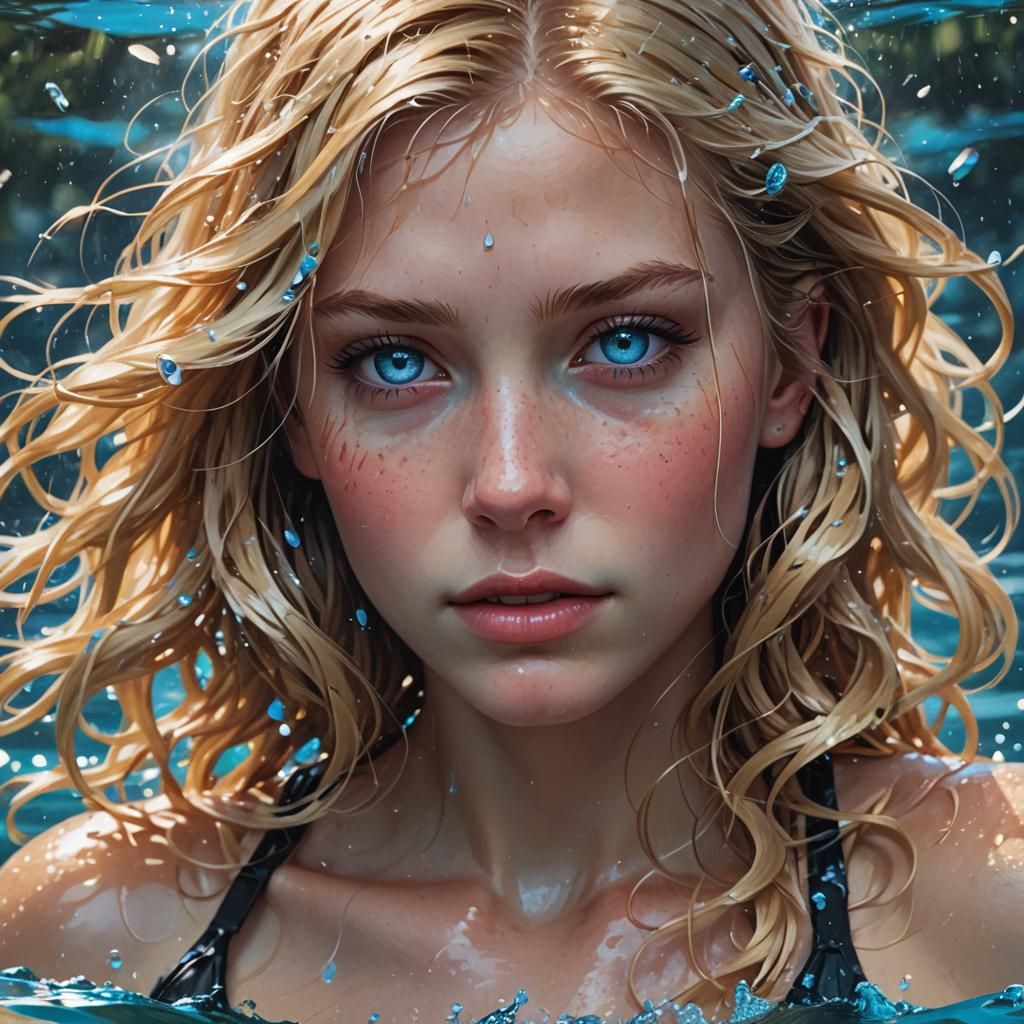 Blonde Woman Emerging from Water: Hyperdetailed Portrait