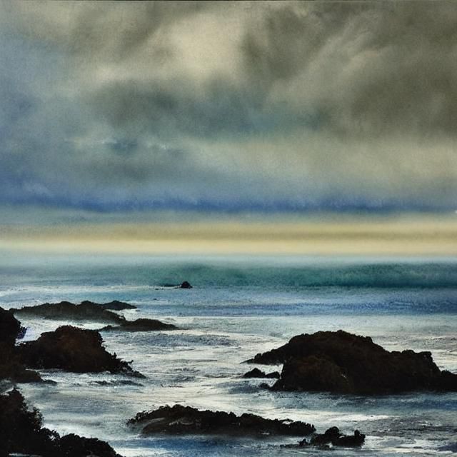 Dramatic Watercolor Seascape of Stormy Fjord