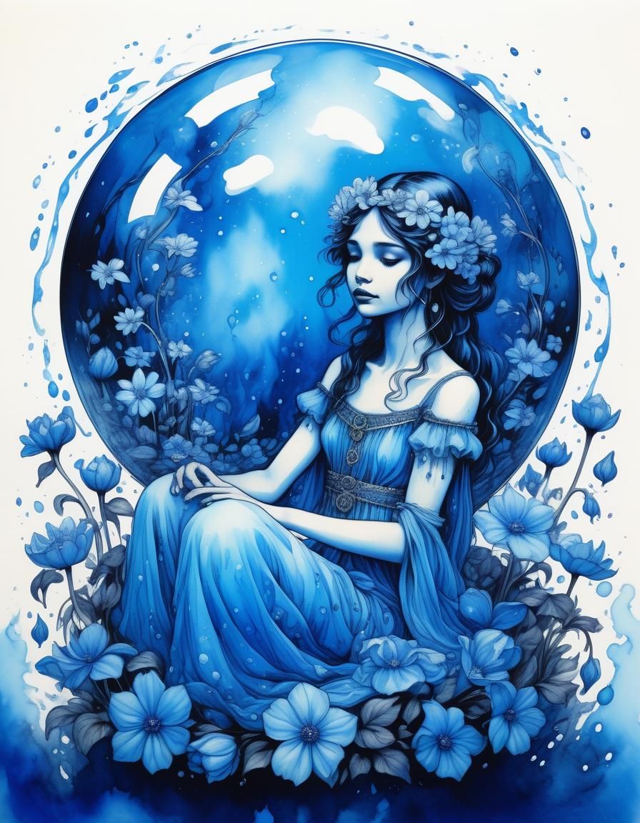 Blue Fae Princess in Flame Flower Orb