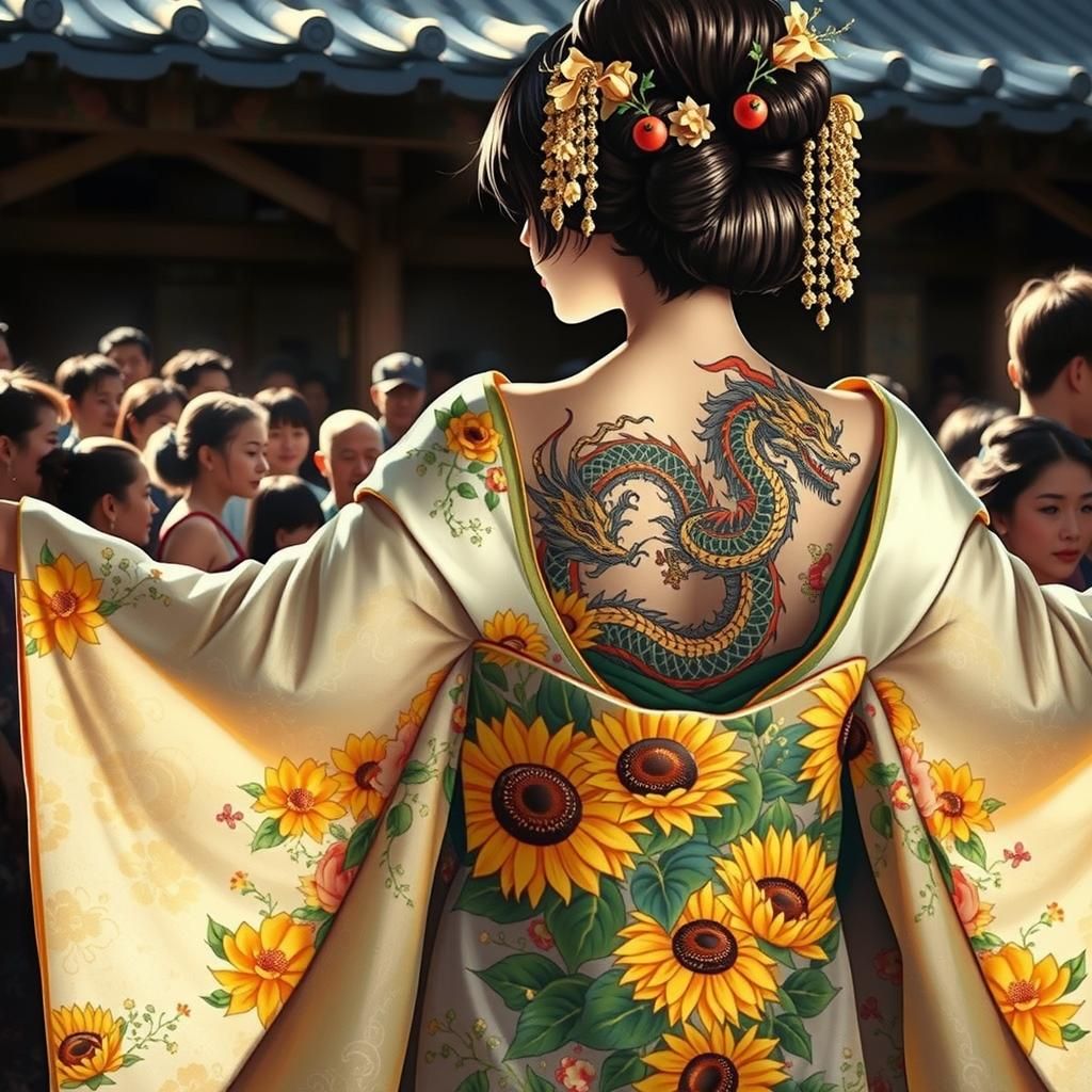 Geisha in Sunflower Kimono, Japanese Garden Art