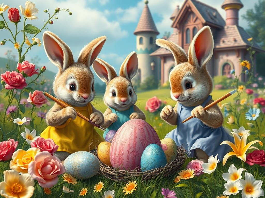 Bunnies Painting Easter Eggs in Dreamlike Meadow