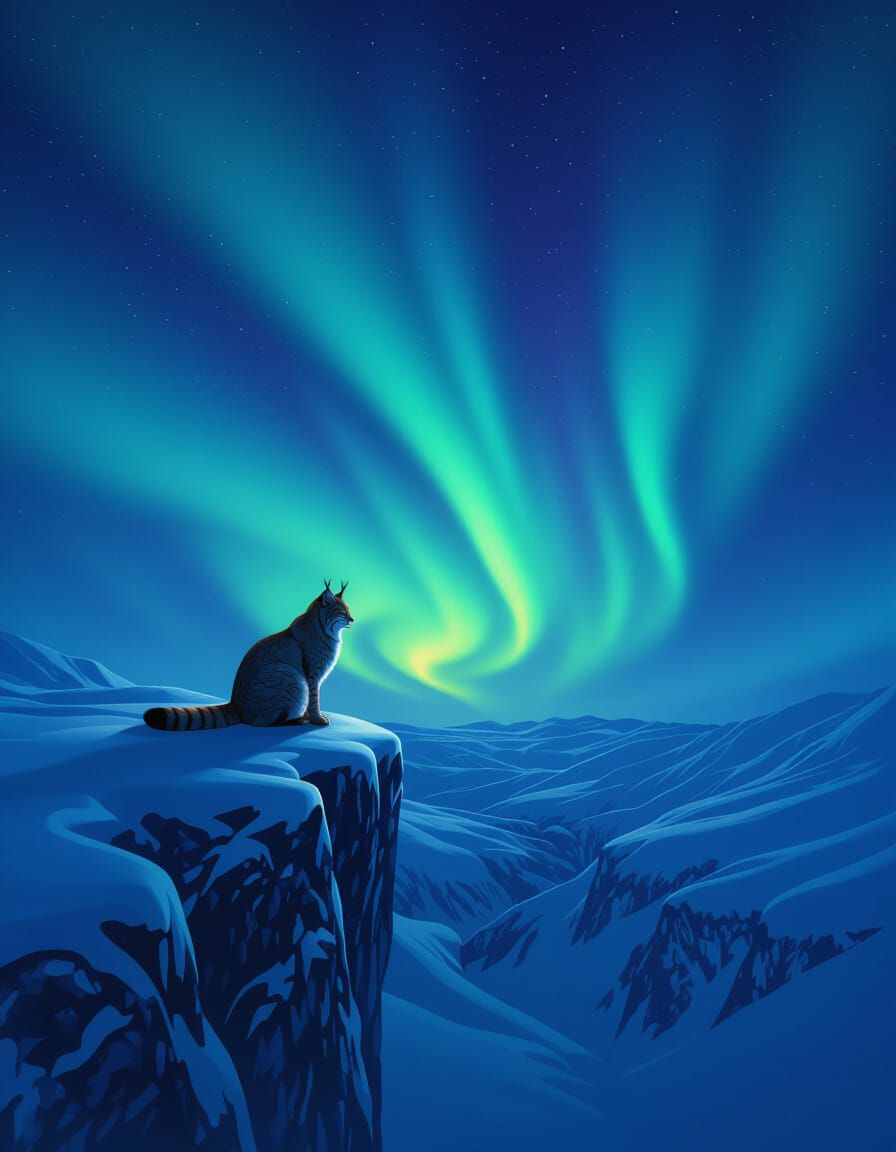 Lynx Silhouette Under Aurora Lights on Snowy Cliff