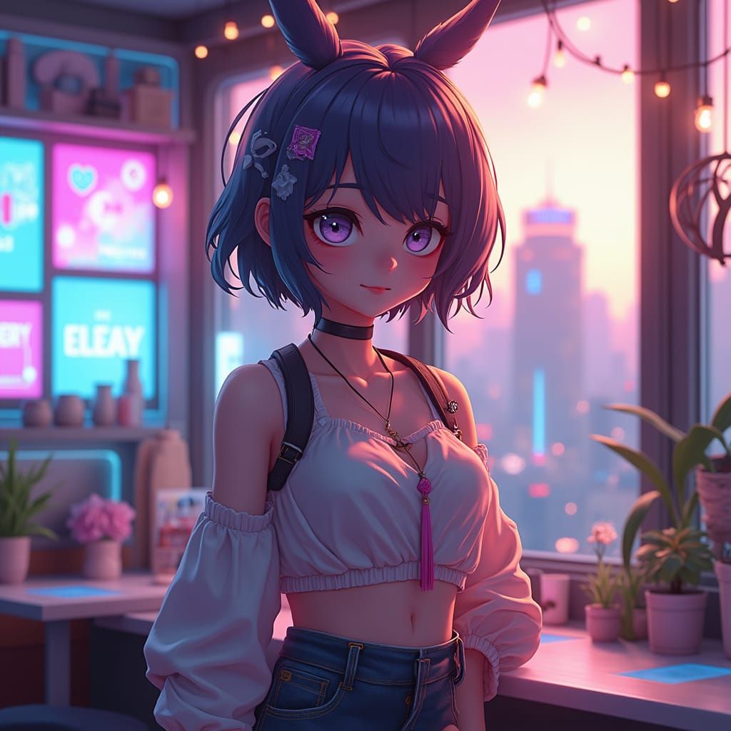 Anime Mascot in a Futuristic Cafe, Digital Art