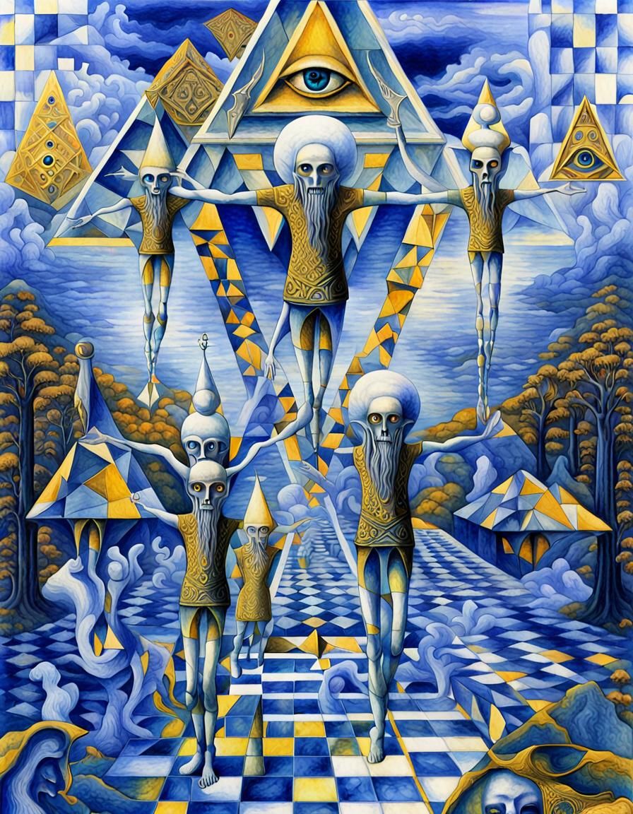 white cristal elves  with pyramidal heads third eye dancing,...