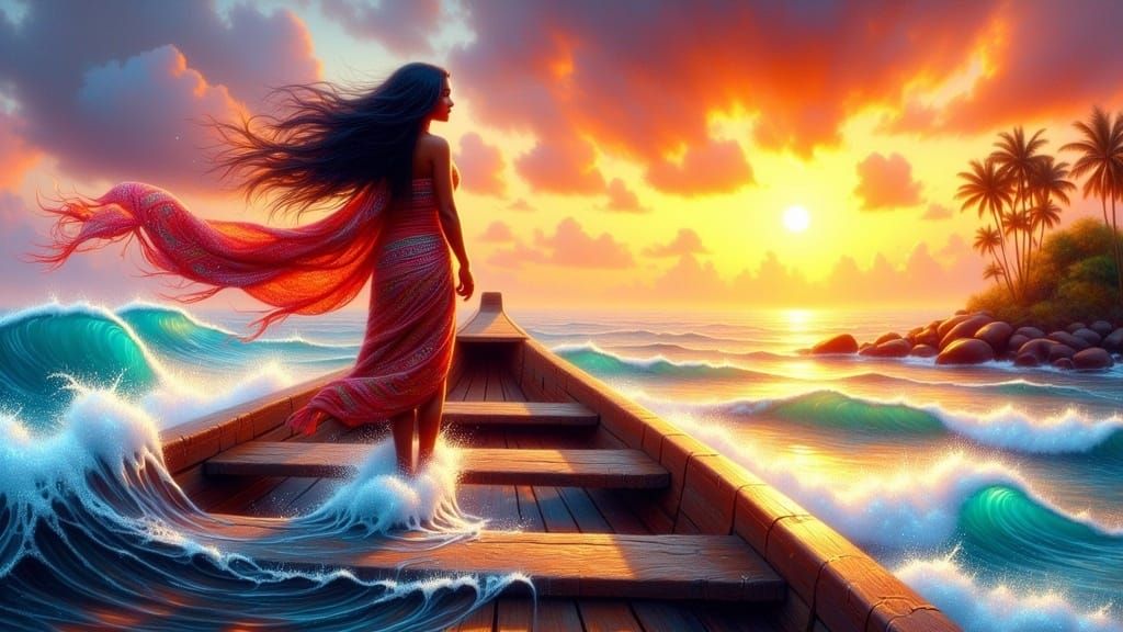 Moana Sails Home at Sunset: Tropical Impressionism