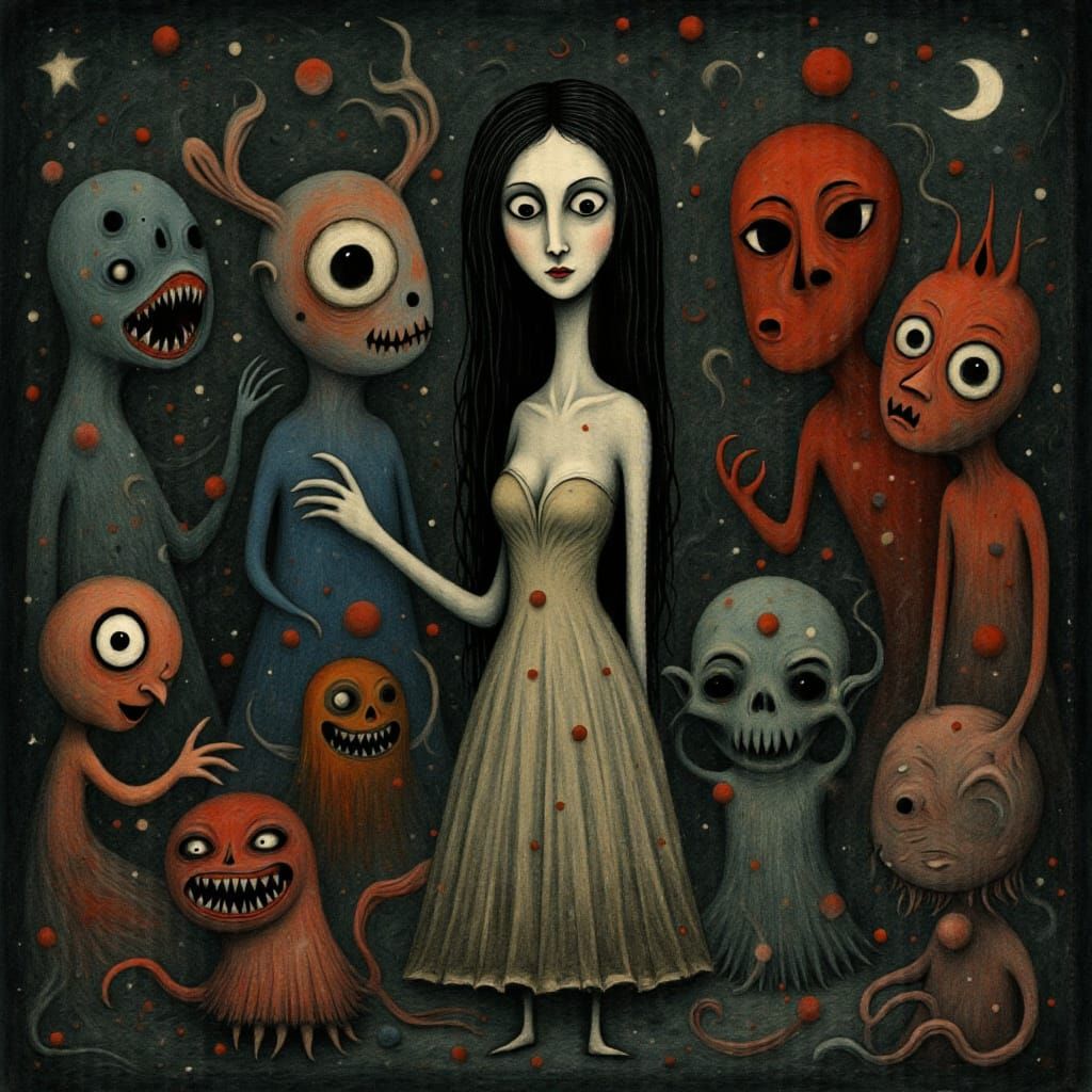 Dark Fairytale: Elongated Figure with Haunting Monsters