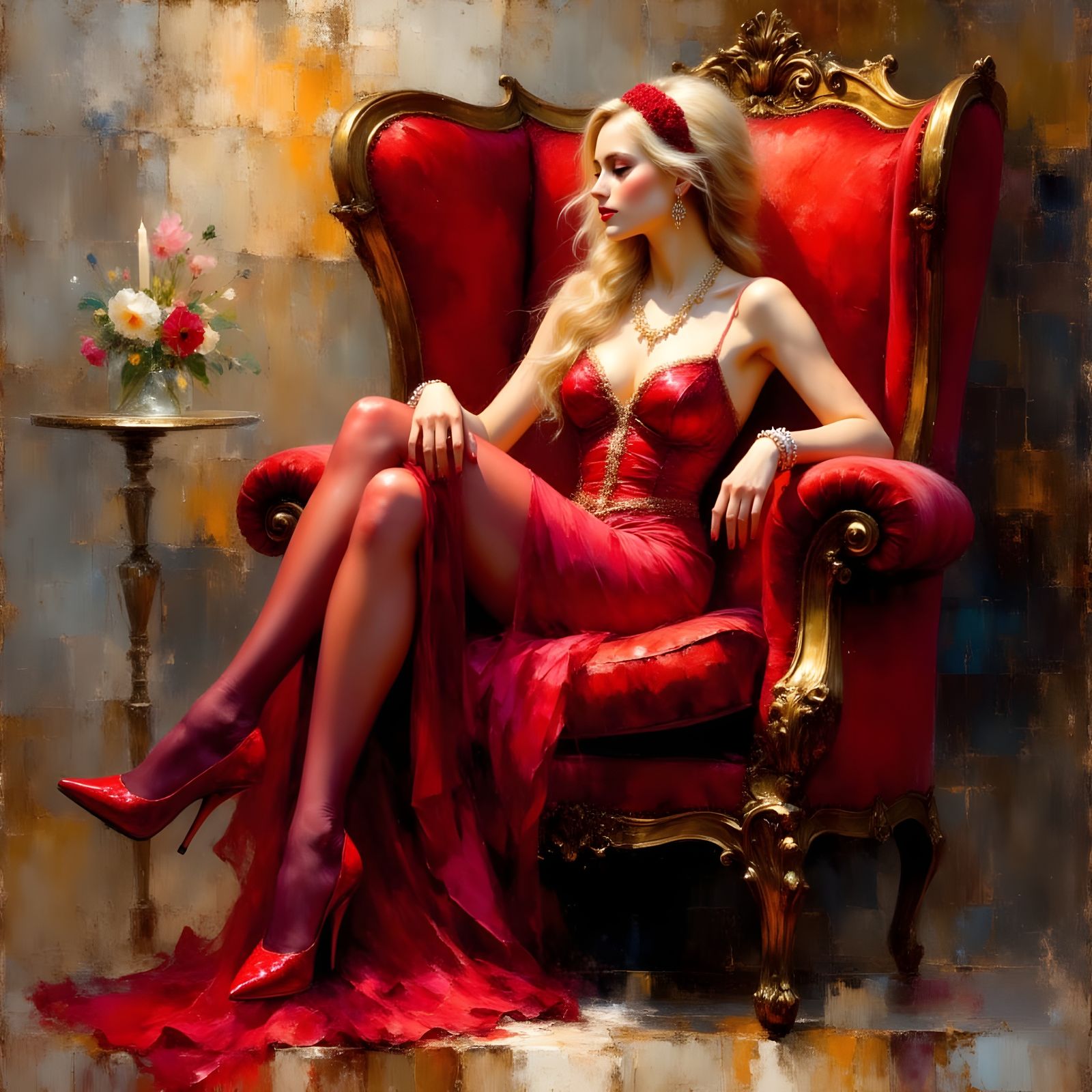 Elegant Woman in Red Dress, Impasto Fantasy Painting