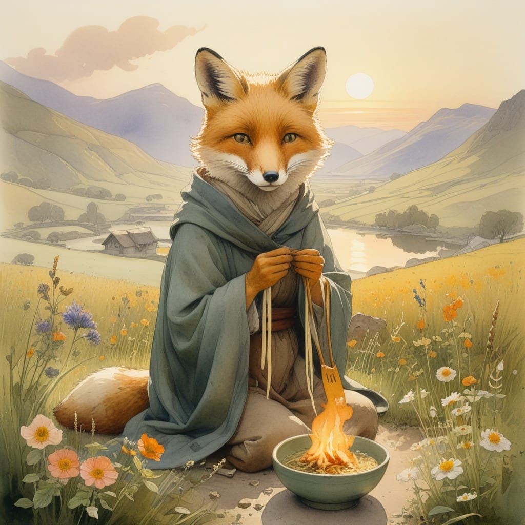 Anthropomorphic Fox Enjoys Ramen by Campfire in Valley