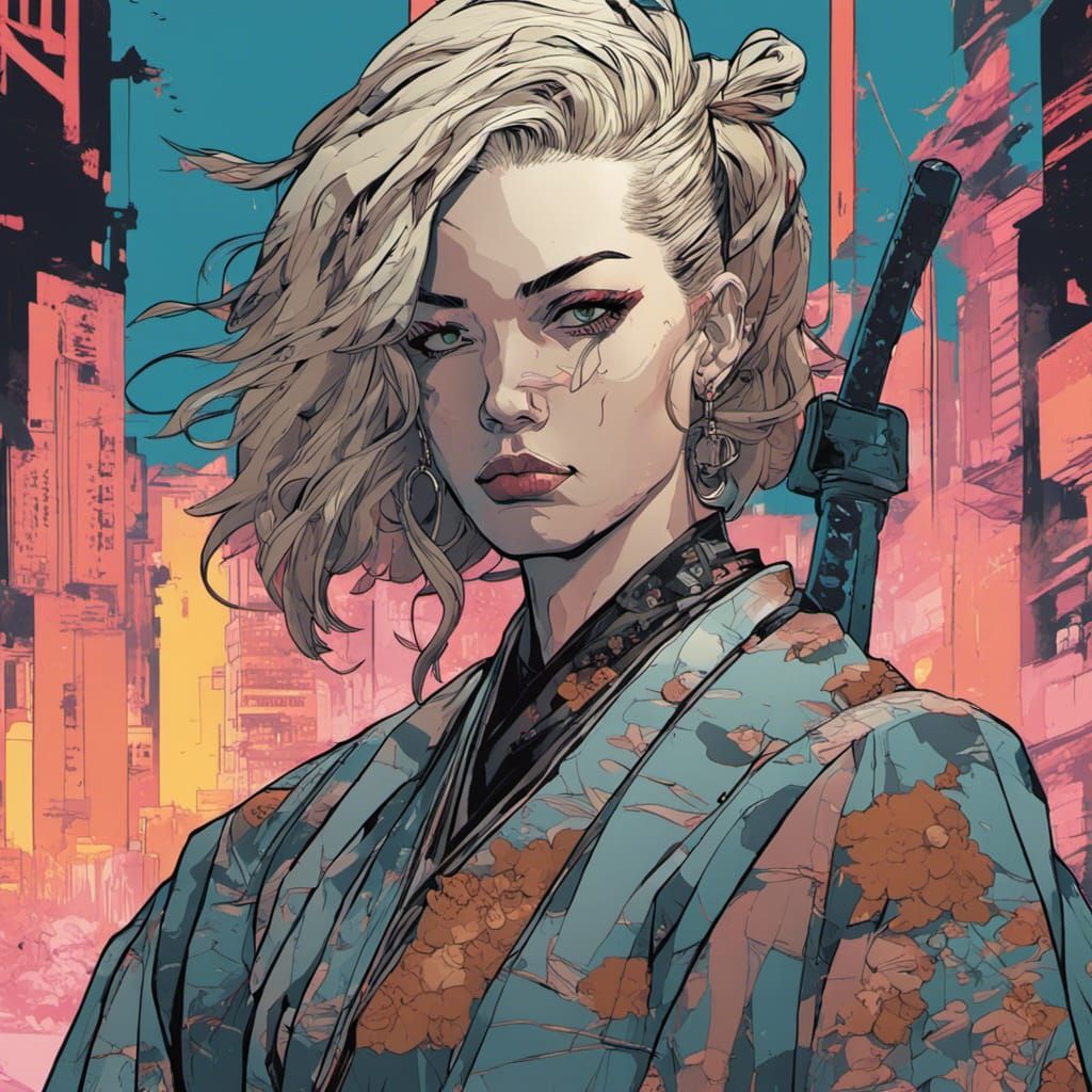 Cyberpunk Samurai Portrait with Bold Cel Shading