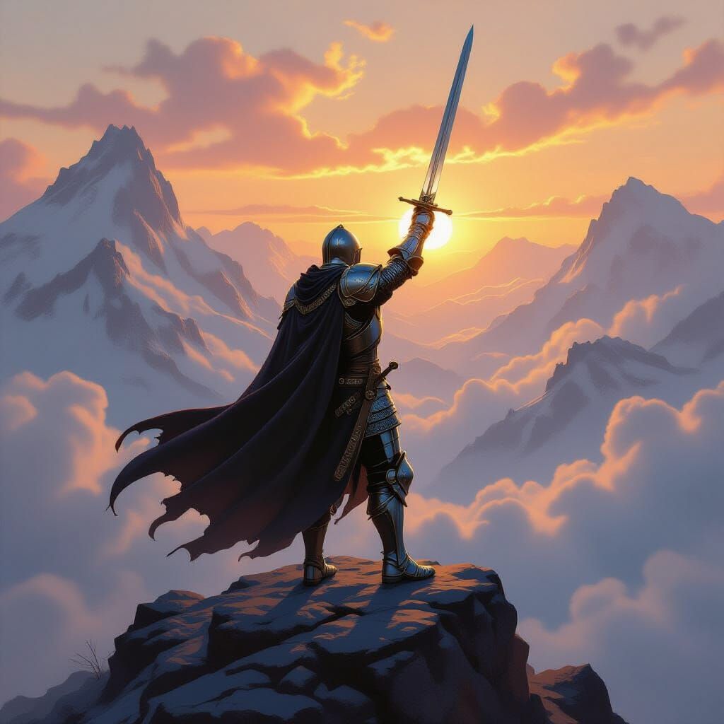 Majestic Knight on Misty Peak at Dawn Oil Painting