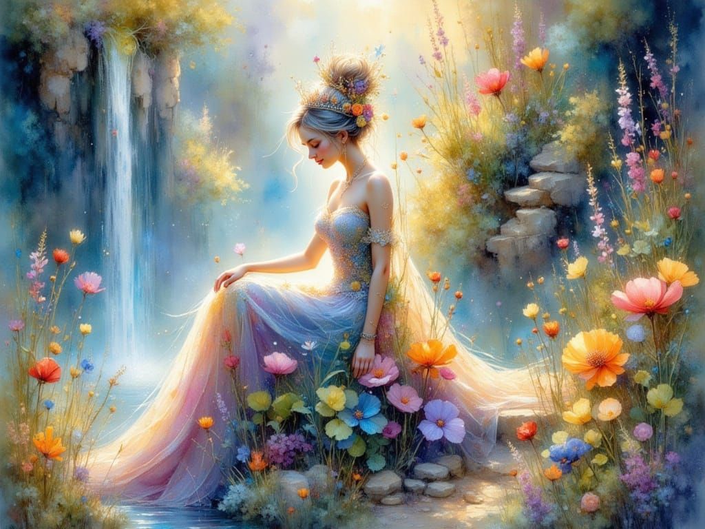 Whimsical Princess on Bioluminescent Throne in Watercolor St...