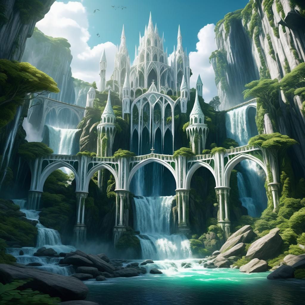 Elven City Over Waterfall in Fantasy Concept Art