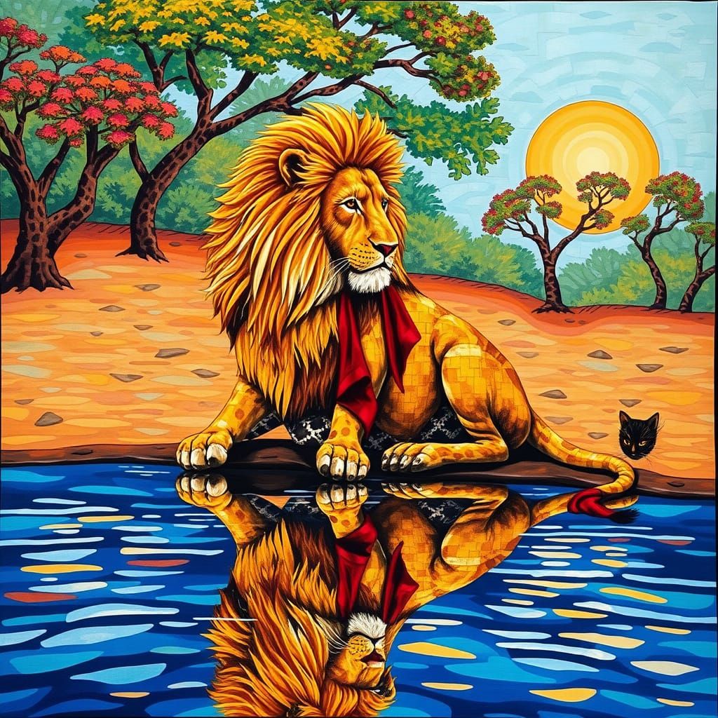 Lion Admires Its Textile Tapestry Reflection