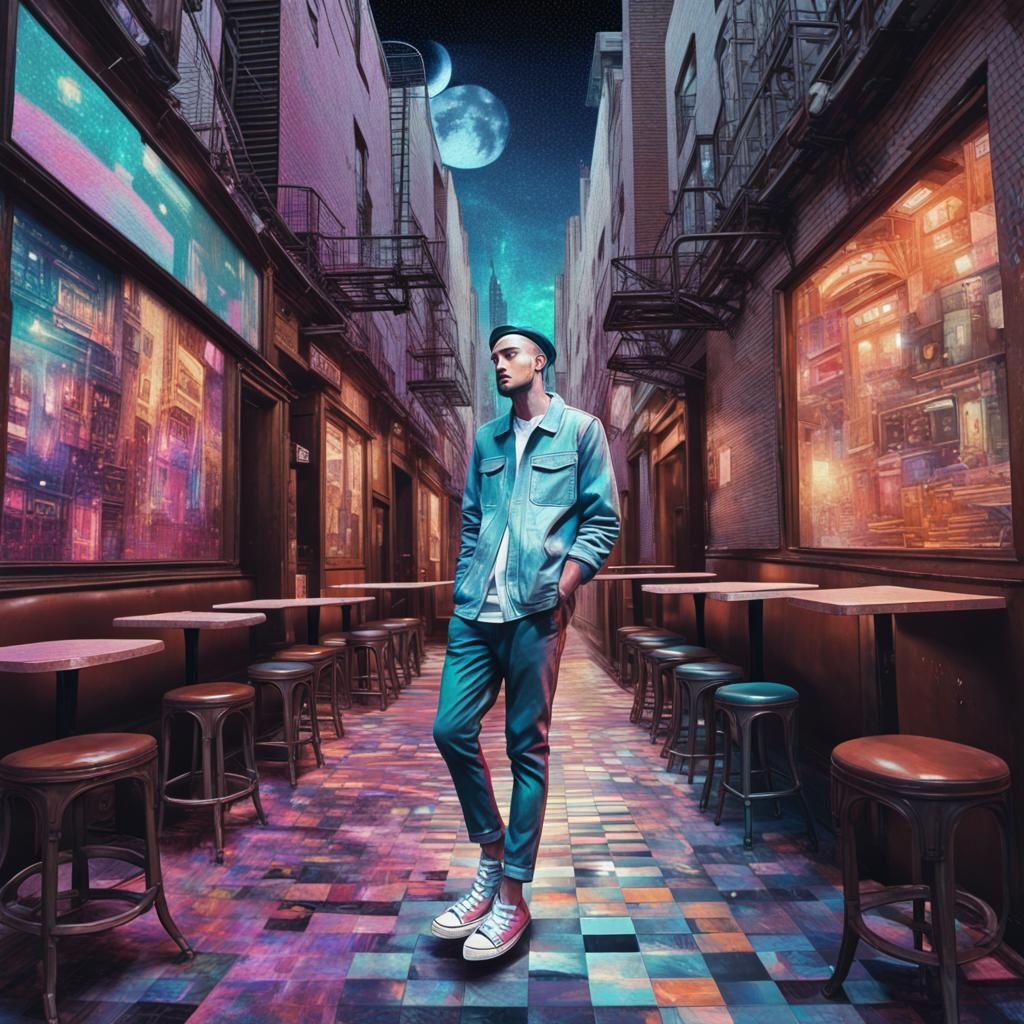 Confused Man in Glitching Night Cafe Collage