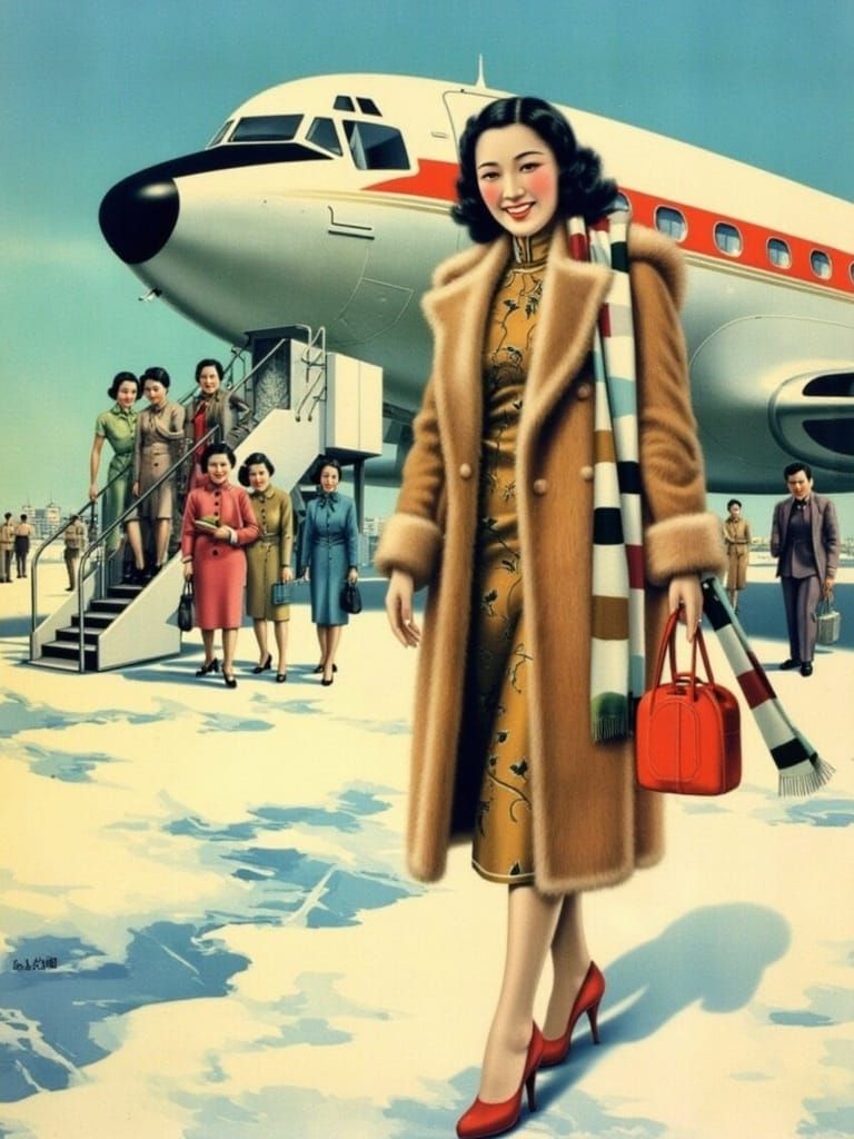 Vintage Japanese Winter Airport Scene with Glamorous Pin-Up ...