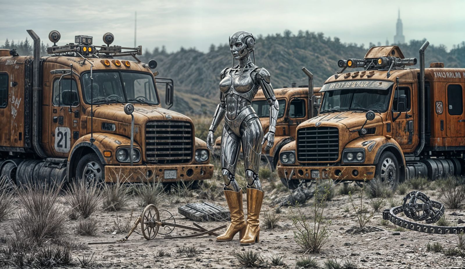 Futuristic Steampunk Robot in Post-Apocalyptic Landscape