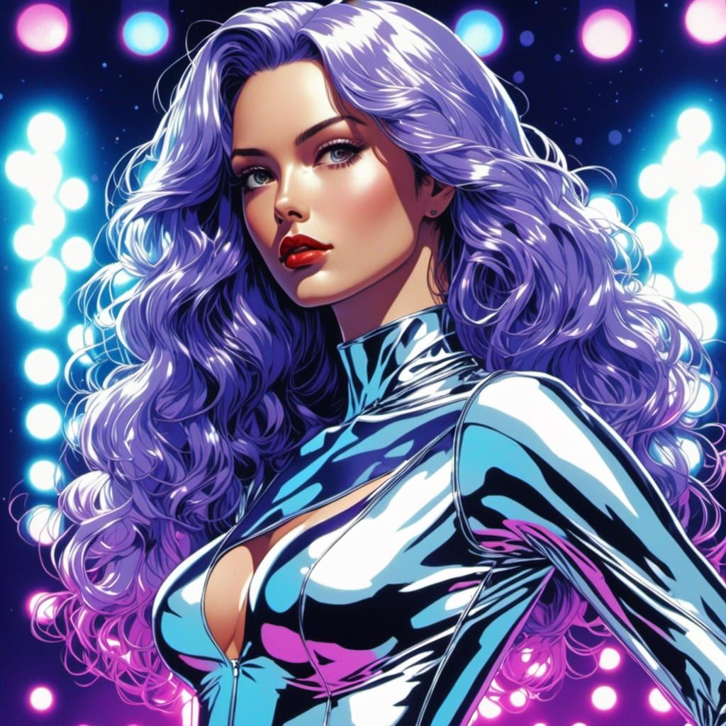 Model in Silver Bodysuit with Electric Blue Hair