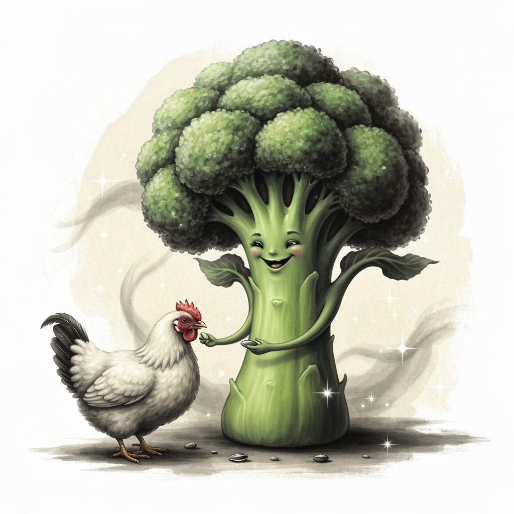 Anthropomorphic Broccoli Feeds Chicken in Chinese Ink Painti...