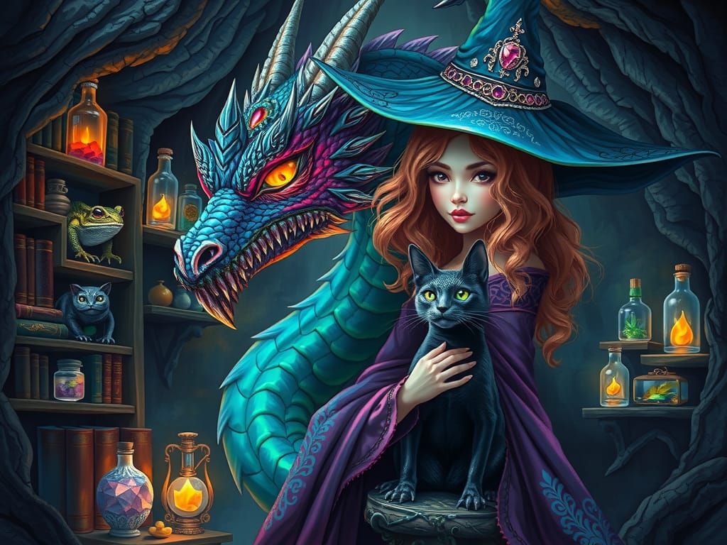 The witch, her cat and dragon