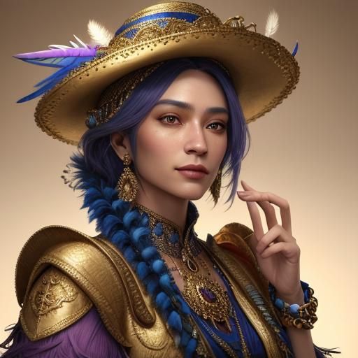 Ornate Feathered Hat Portrait in Hyperrealism