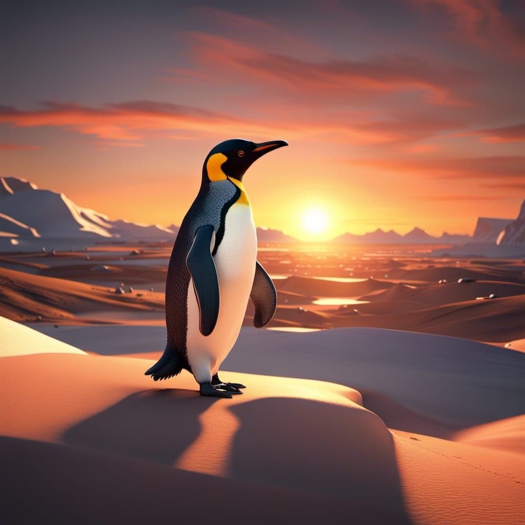 Penguin Gazing at Sunset in Antarctic Desert
