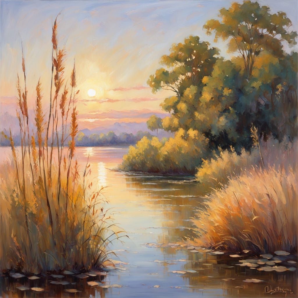 Impressionist Lake Shore Scene with Swaying Wild Reeds