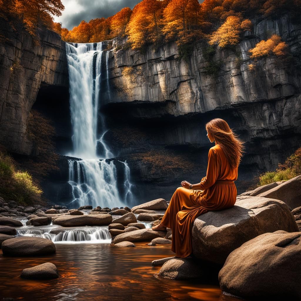 Woman Watching Waterfall in Hyperrealistic Style
