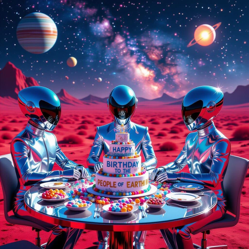Aliens Celebrate Earth's Birthday on Crimson Planet
