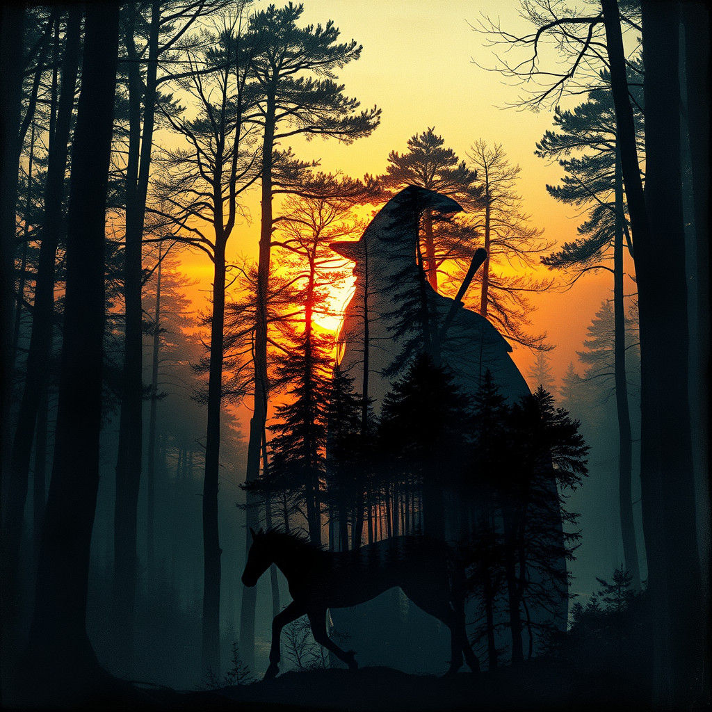 Gandalf in Forest: Ink Painting Double Exposure