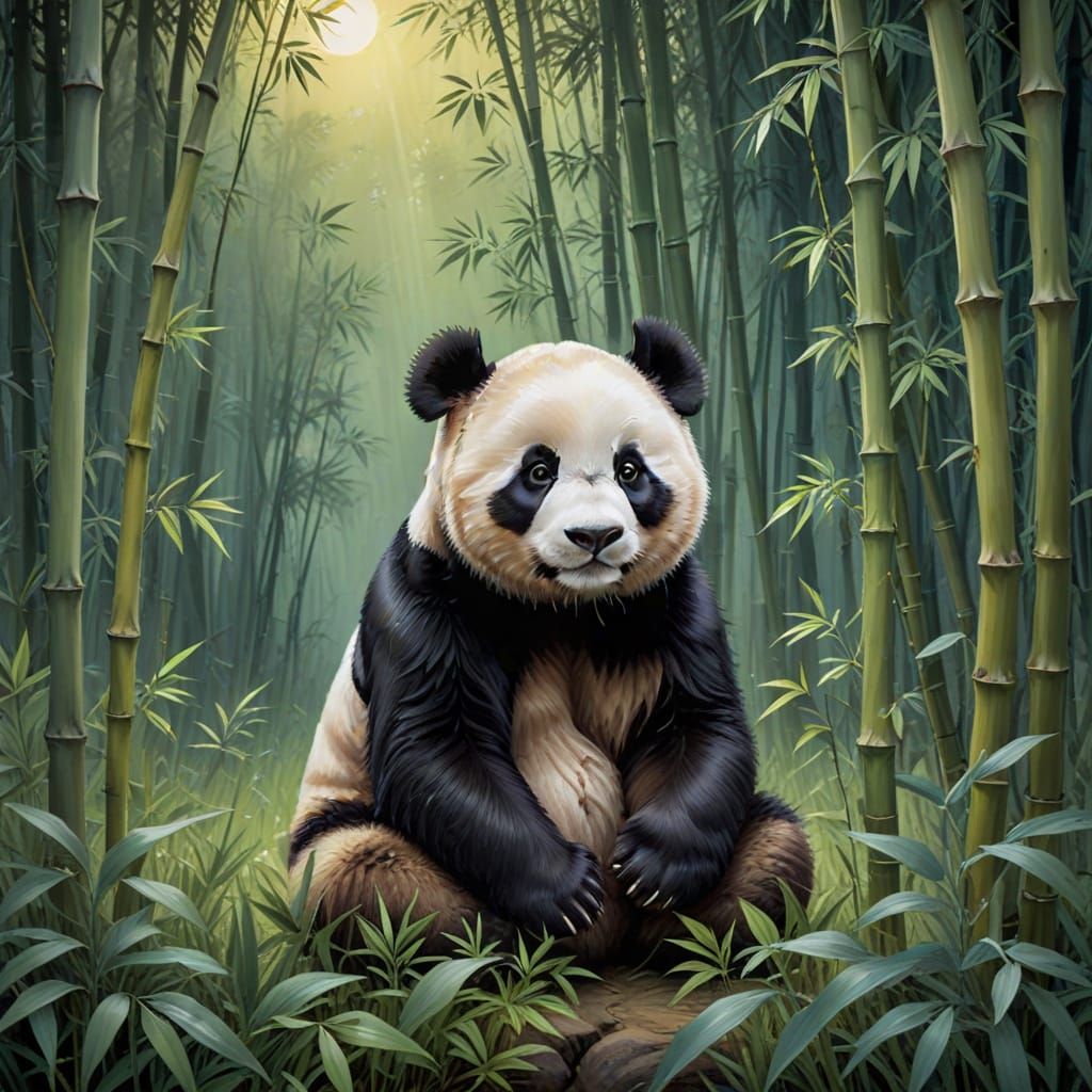Panda in Bamboo Grove at Dusk: Chinese Brushwork