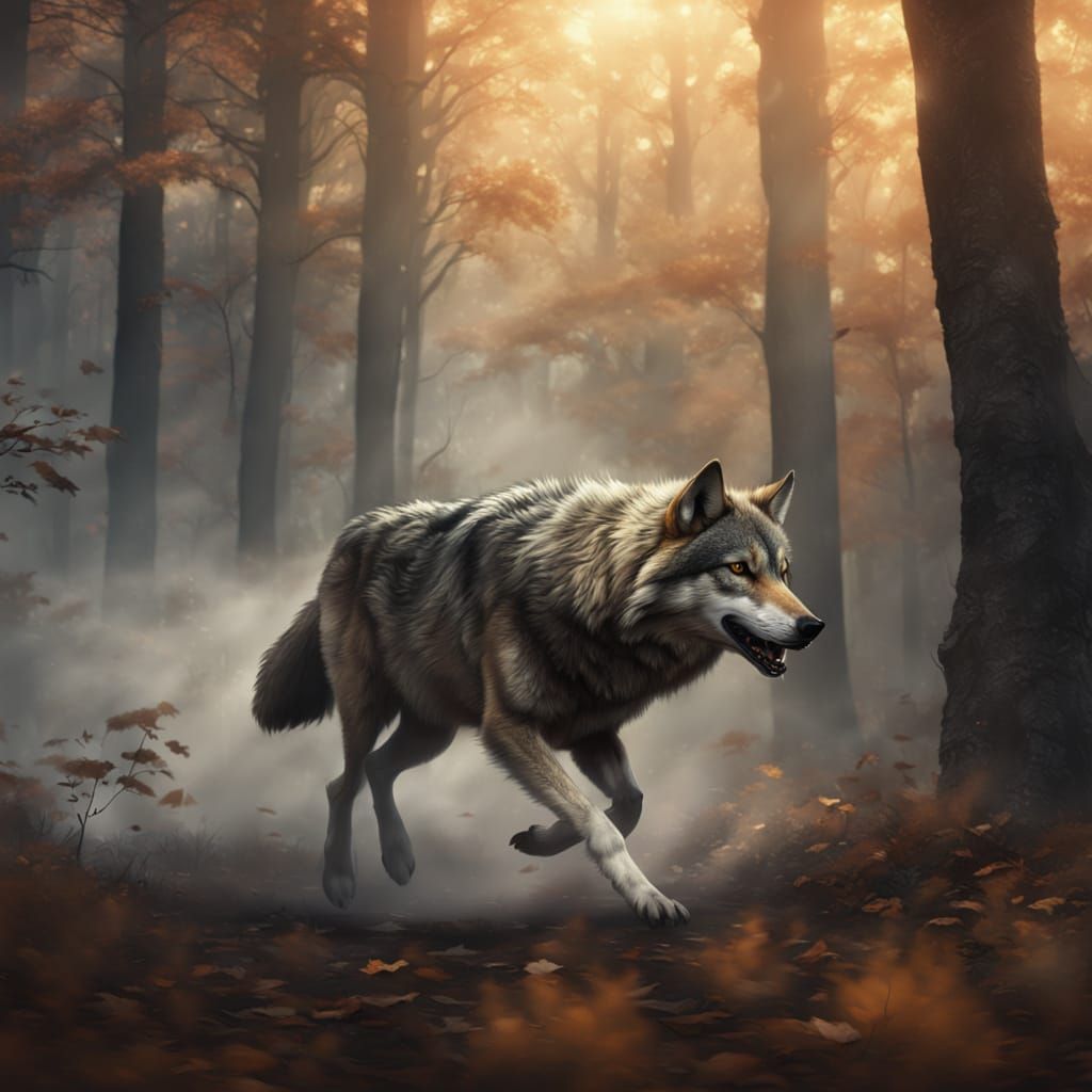 Wolf in Ethereal Forest, Masterpiece Fantasy Illustration