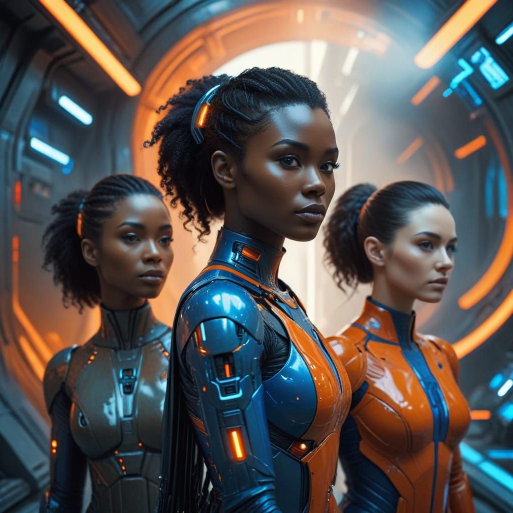 Three Women in Vibrant Futuristic Attire