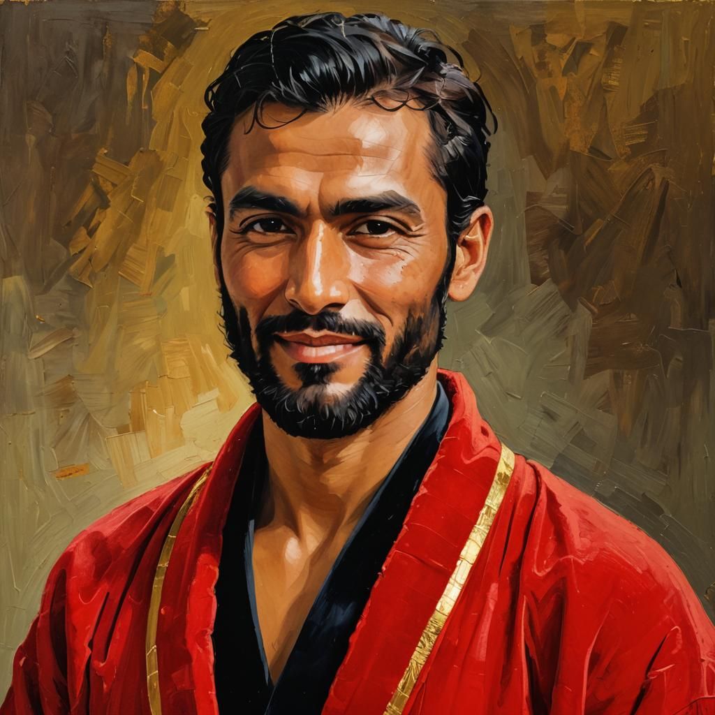 Arab Man in Red Velvet Bathrobe, Neo-Expressionist Oil Paint...