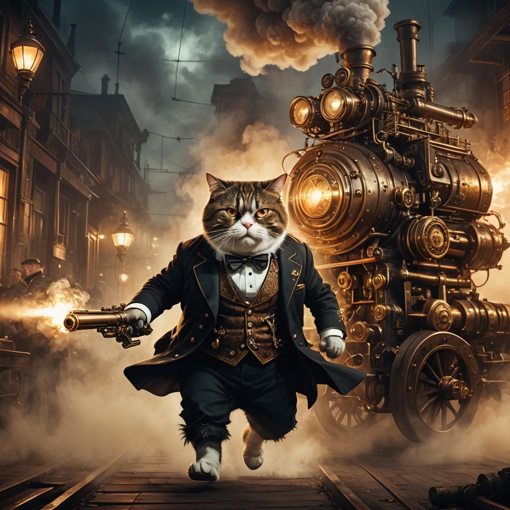 Steampunk Fat Cat Assassin in Nocturnal Scene