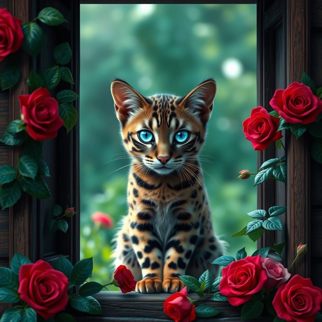 Majestic Blue-Eyed Ocelot in Ornate Window
