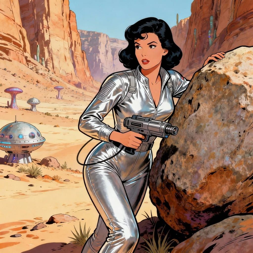 Retro Sci-Fi Woman with Ray Gun in Alien Desert