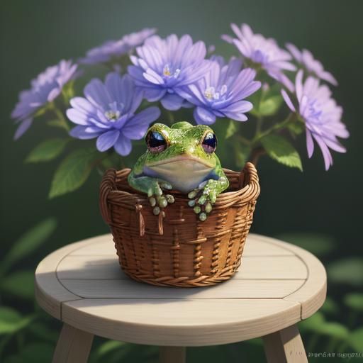 Baby Frog in Basket with Flowers