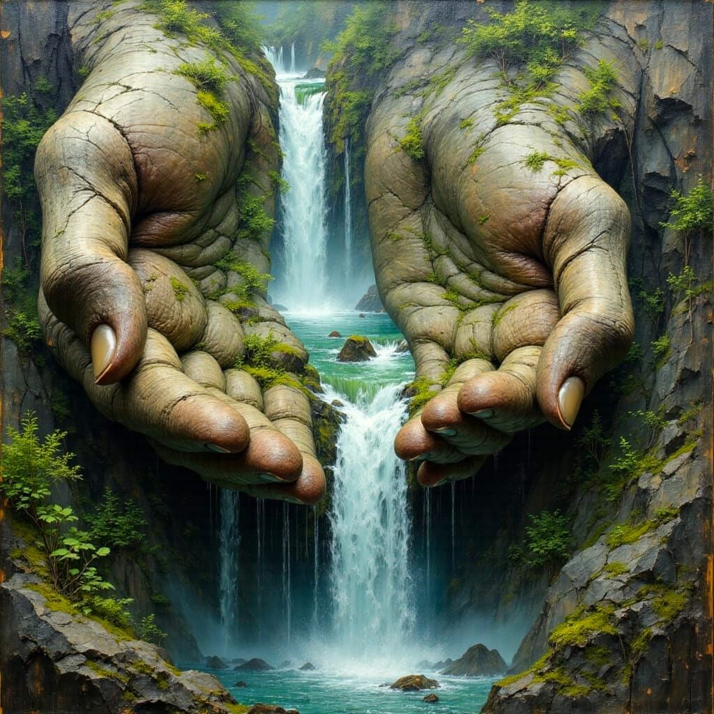 Mossy Rock Giant Hands Form Waterfalls