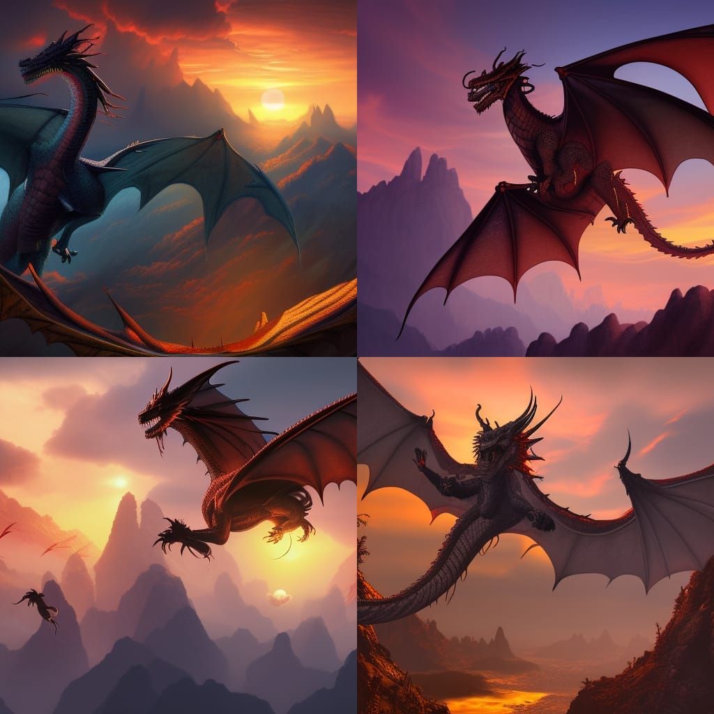 Majestic Dragon Soaring Through Sunset Sky