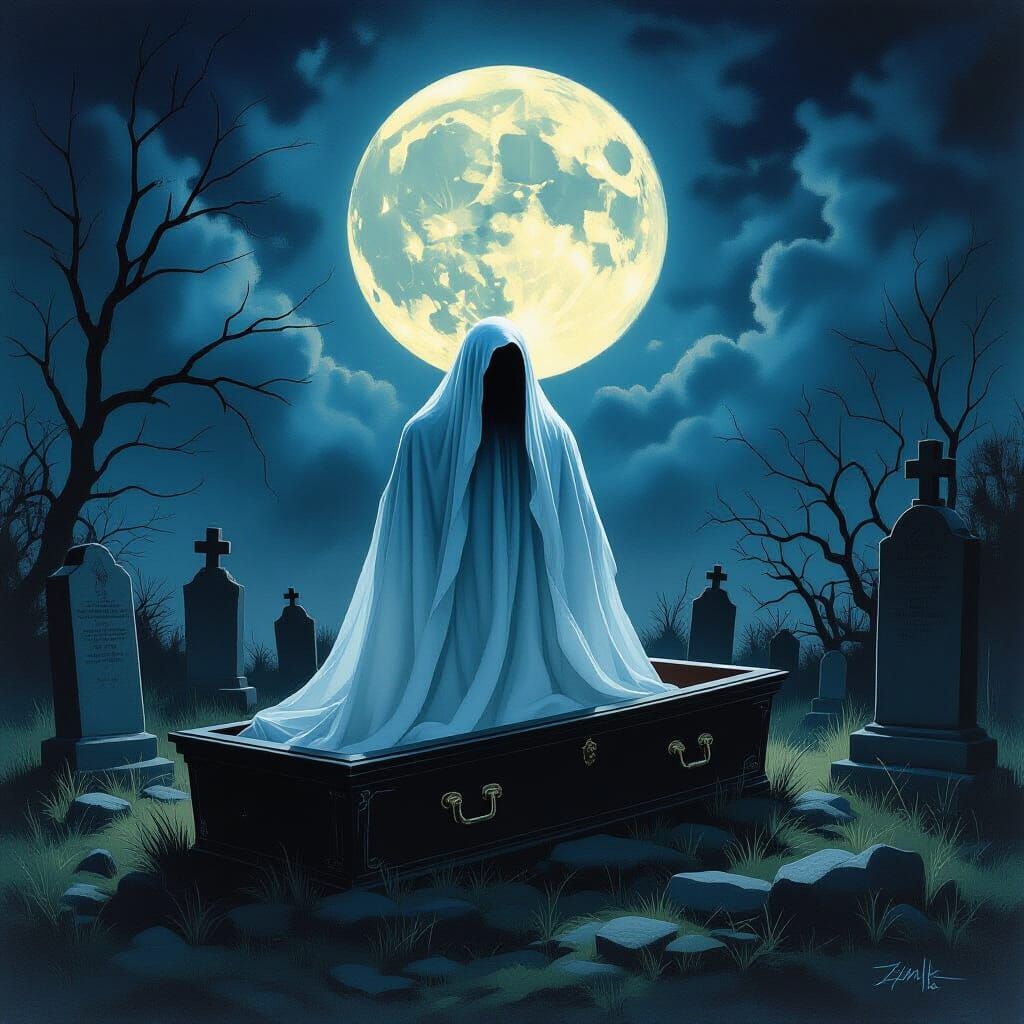 Spectral Ghost Rises from Coffin Under Full Moon