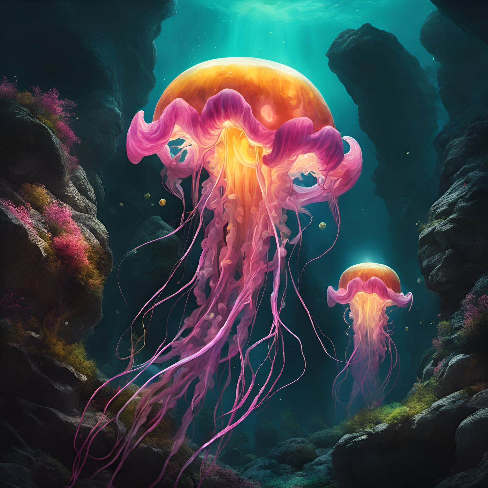 Bioluminescent Jellyfish Drifting in a Deep Sea