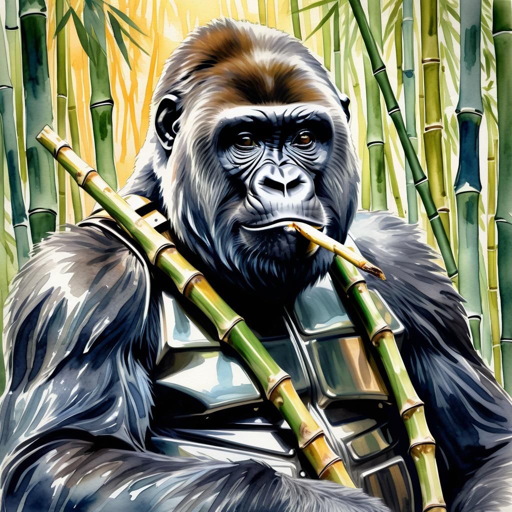 Armored Gorilla in Bamboo Forest, Watercolor Art
