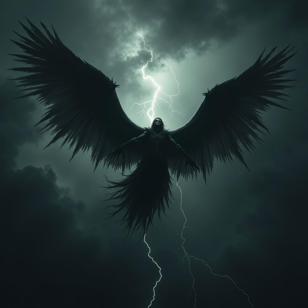 Dark Gothic Angel Soaring Through Stormy Sky