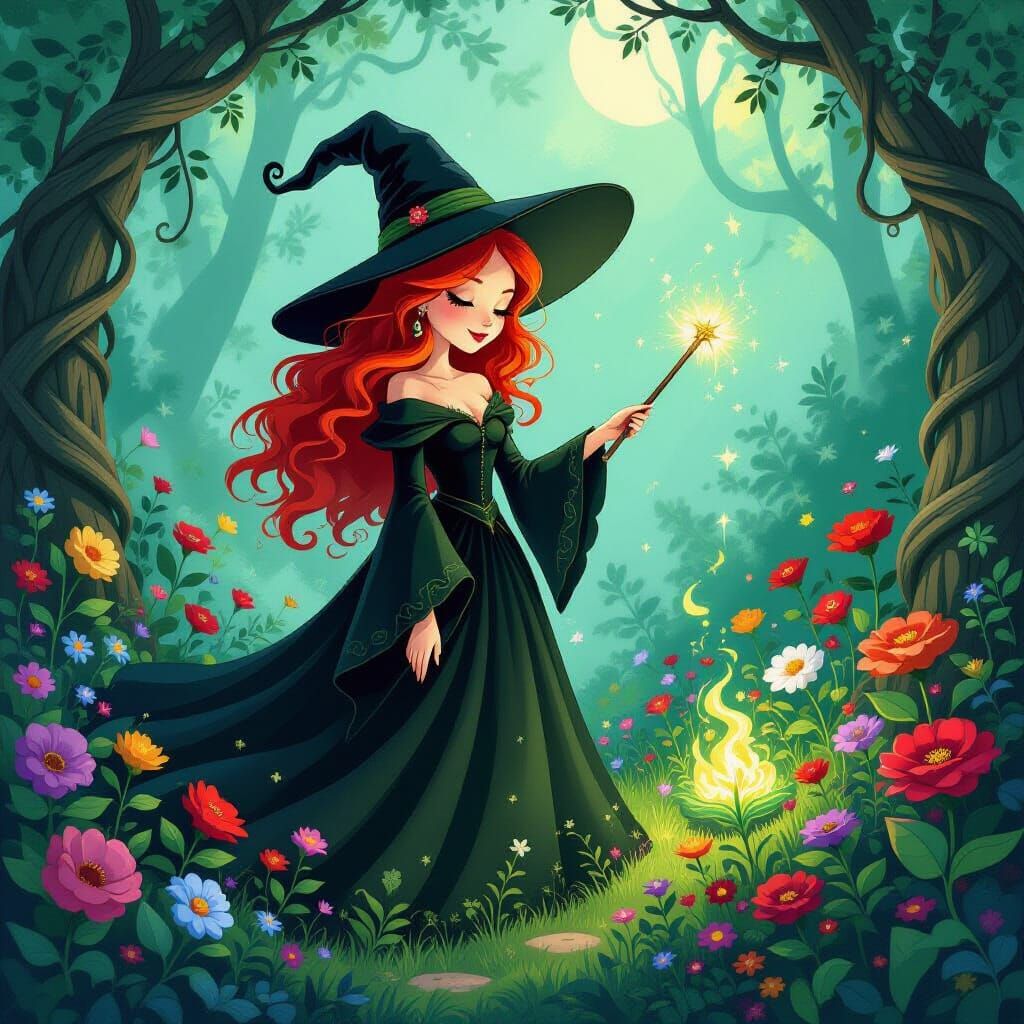 Whimsical Mushroom Witch in Glowing Garden