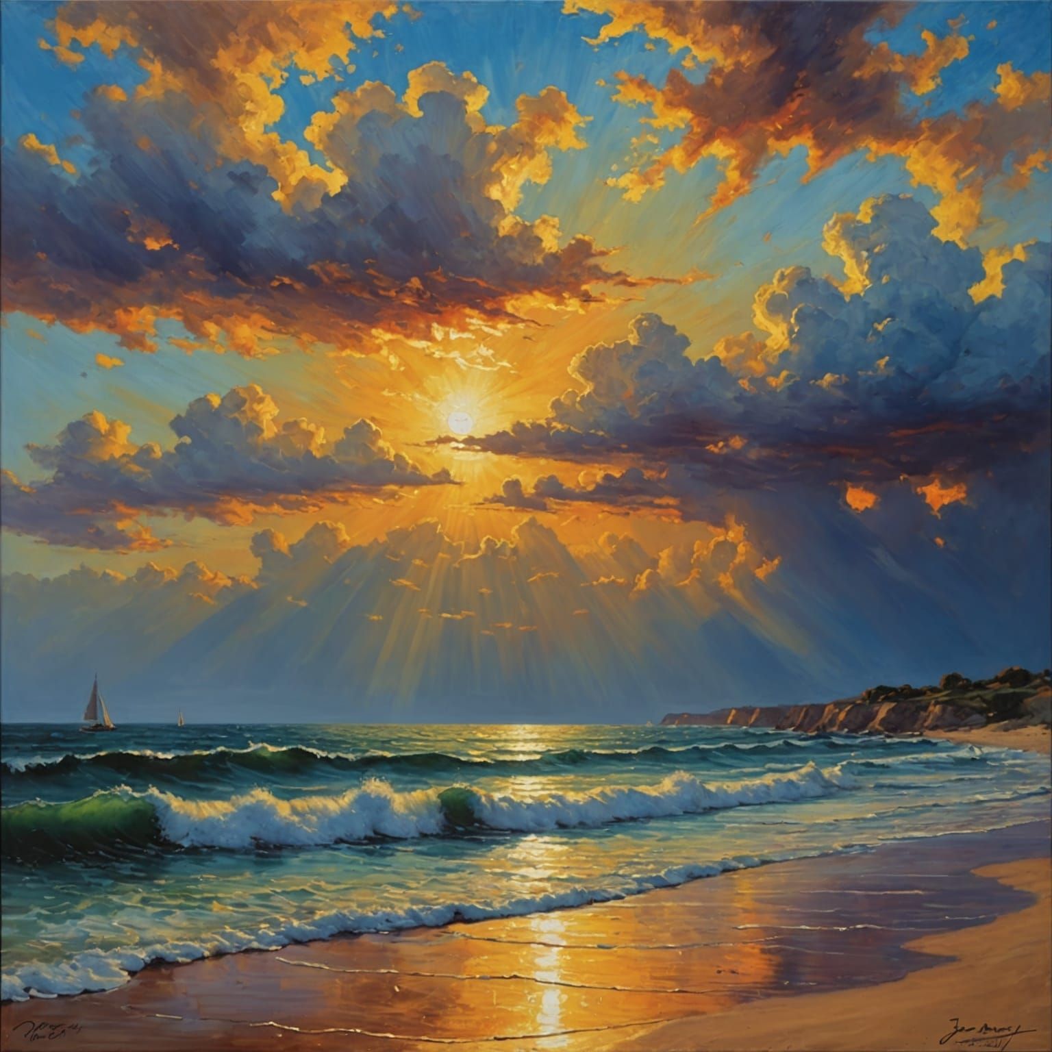 Van Gogh Style Sunset Seascape with Clouds