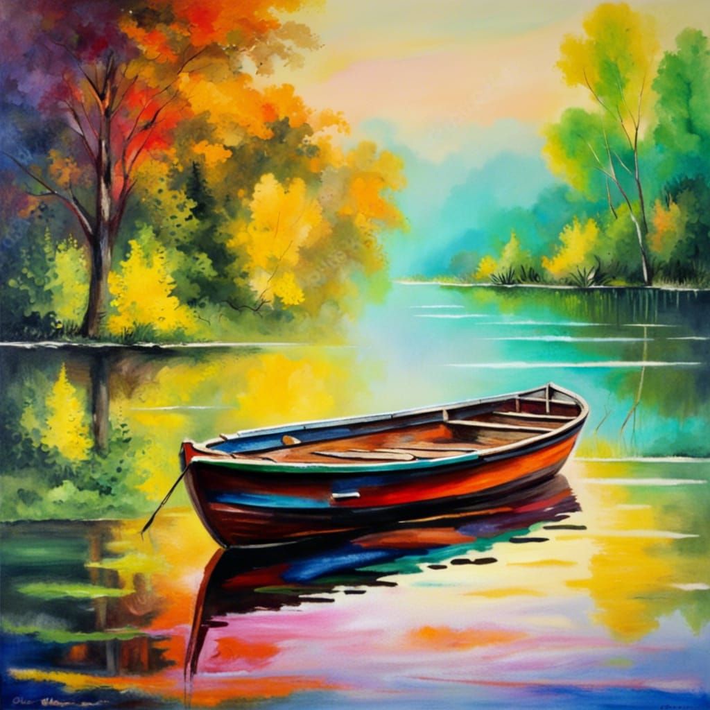 Impressionistic Boat on Lake with Water Reflections
