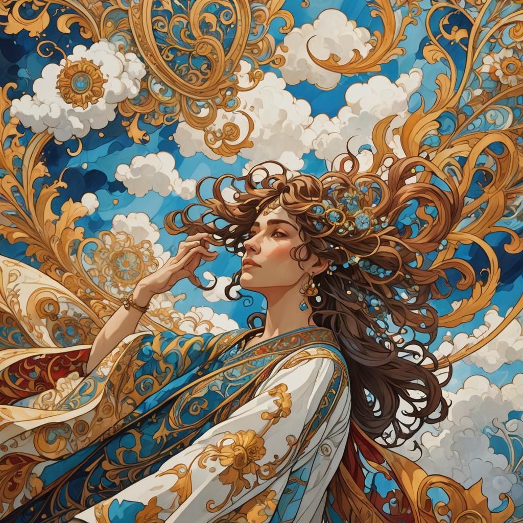 Vibrant Tapestry on Clothesline in Art Nouveau Style