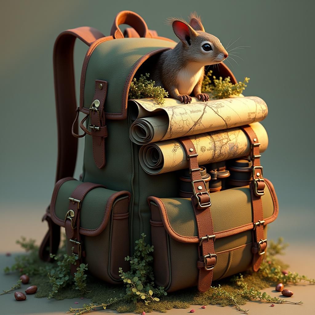 Fantasy Backpack with Squirrel in Digital Art Style