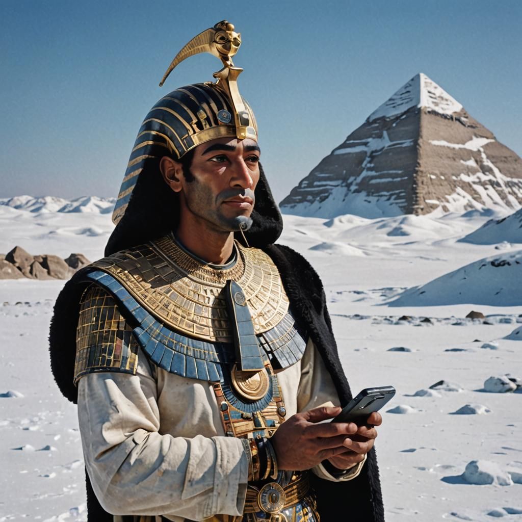 Pharaoh with Mobile Phone in Icy Tundra