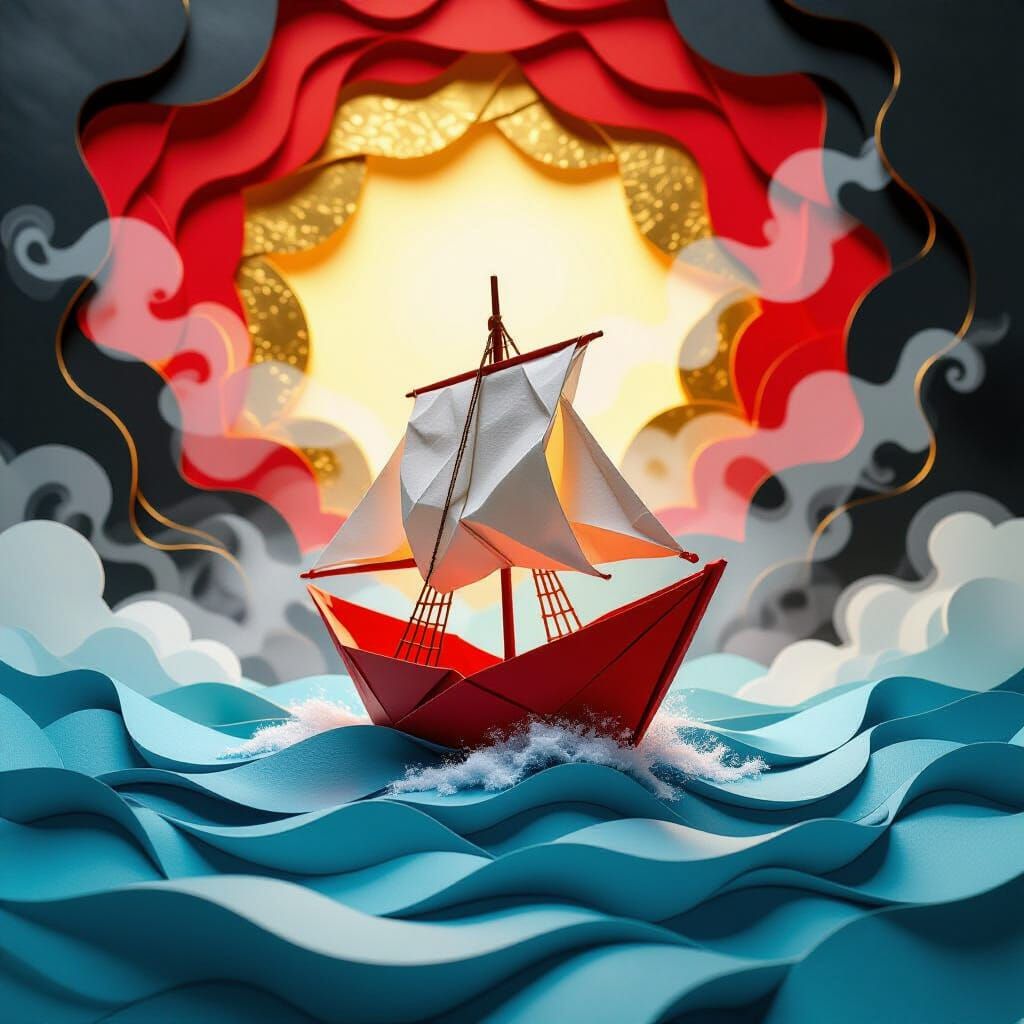 An origami ship on a layered paper sea. a textured, swirling...